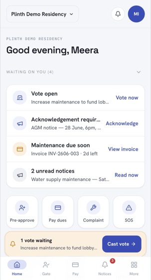 The resident home screen listing an open vote, a notice to acknowledge and an invoice due
