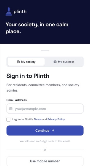 Plinth sign-in screen on a phone