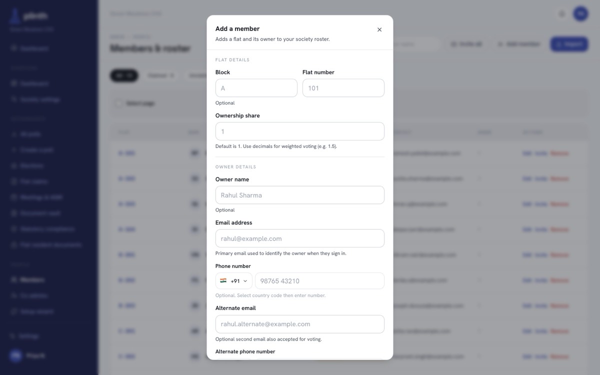 The add member dialog with flat details and owner details