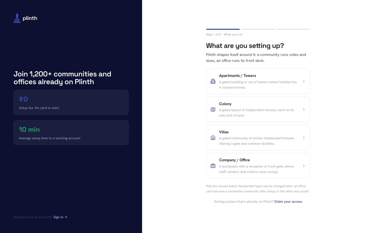 The Plinth setup screen asking what kind of community you are setting up