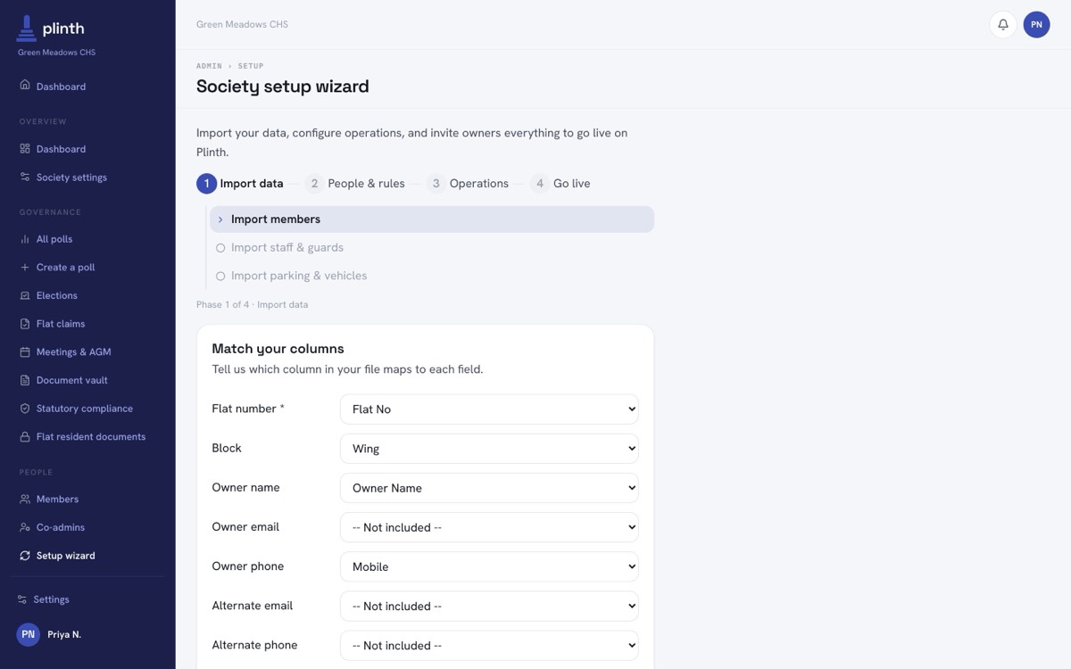The column mapping screen with owner email not matched
